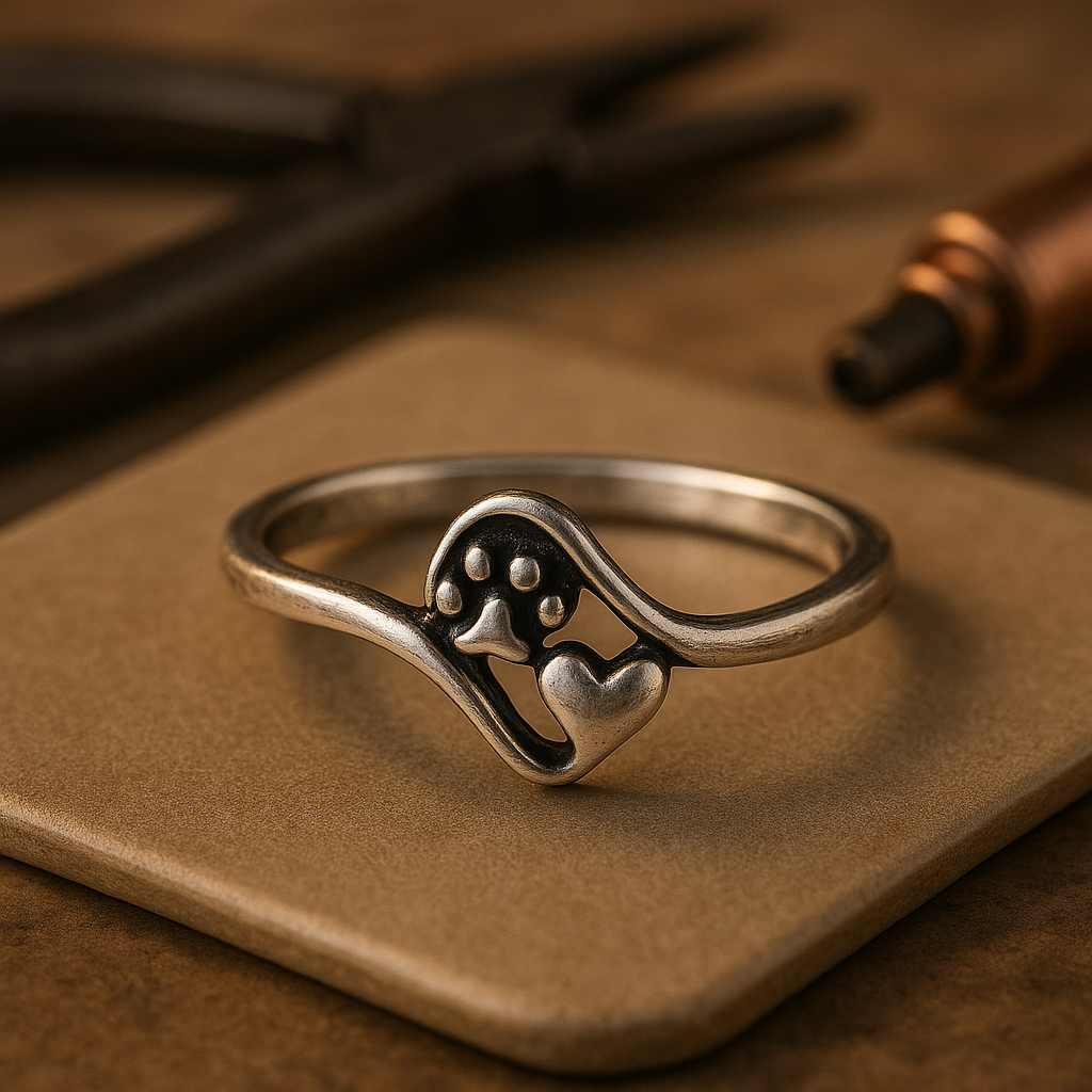 Anillo de Plata Esterlina con Diseño de Huella y Corazón