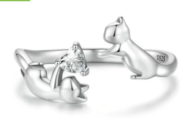 Anillo Juguetón de Plata de Ley Ajustable con Circonitas en Forma de Gato
