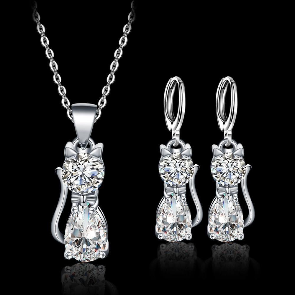Conjunto de Collar y Pendientes de Plata 925 con Zirconia Pulida - Gatos Alegres