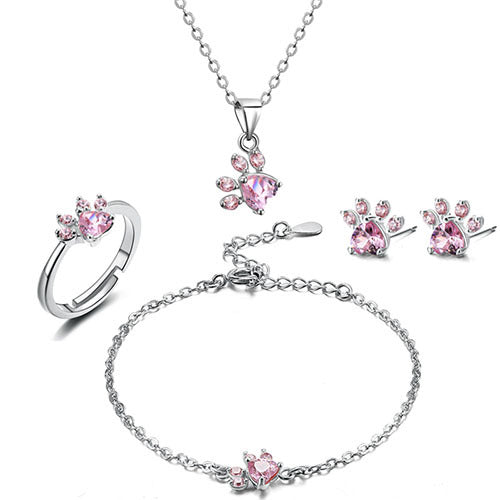 Set de Joyería para Mujeres Paw – 4 Piezas en Oro Rosa con Corazón de Circonita: Anillo, Collar, Pendientes y Pulsera