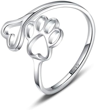Anillo Ajustable de Plata de Ley 925 con Diseño de Corazón y Huella de Patas - Hecho a Mano