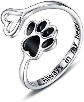 Anillo Ajustable de Plata de Ley 925 con Diseño de Corazón y Huella de Patas - Hecho a Mano