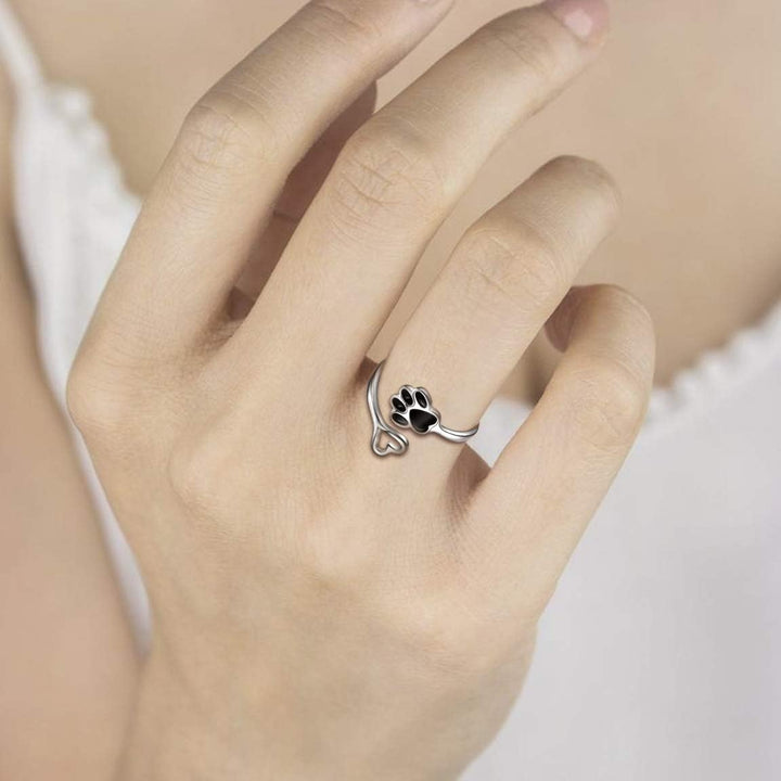 Anillo Ajustable de Plata de Ley 925 con Diseño de Corazón y Huella de Patas - Hecho a Mano