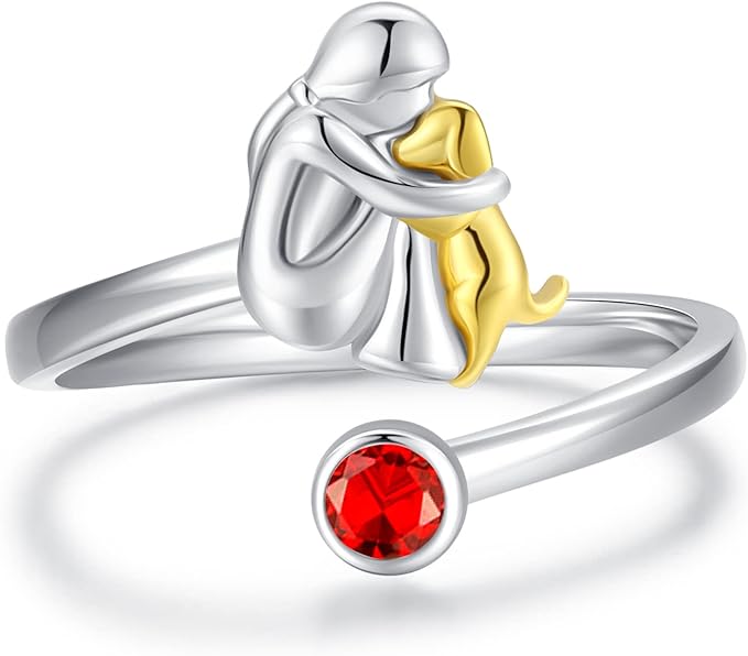 Anillo Ajustable de Plata de Ley 925 con Diseño de Niña para Perros