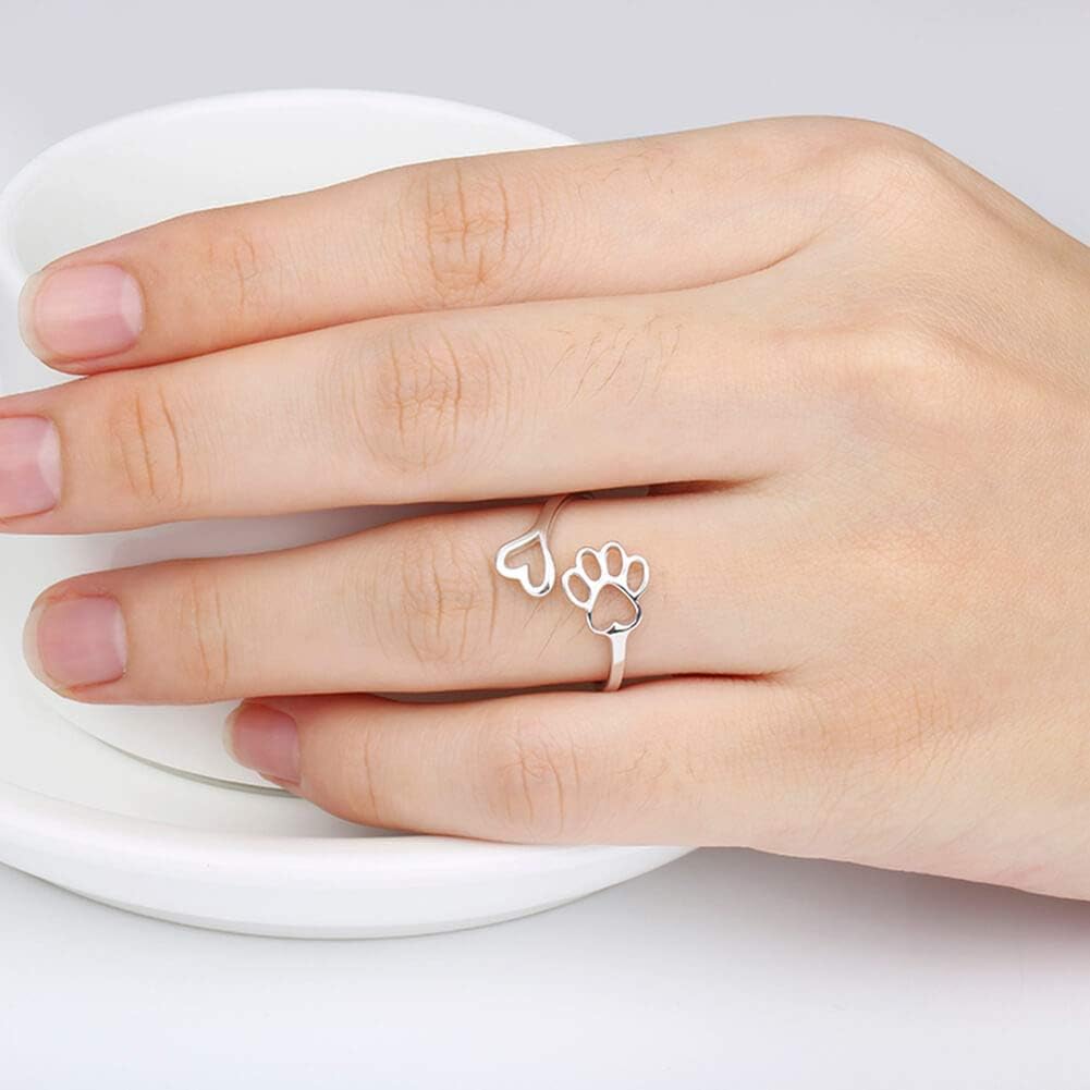 Anillo Ajustable de Plata de Ley 925 con Diseño de Corazón y Huella de Patas - Hecho a Mano