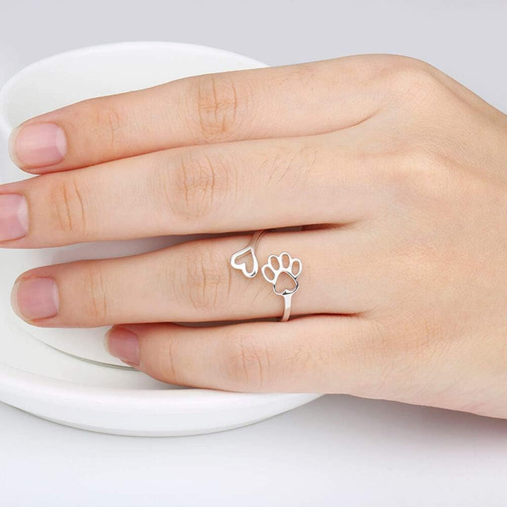 Anillo Ajustable de Plata de Ley 925 con Diseño de Corazón y Huella de Patas - Hecho a Mano