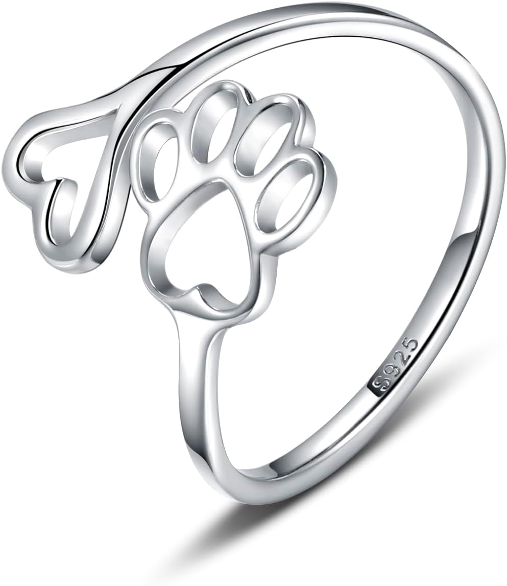 Anillo Ajustable de Plata de Ley 925 con Diseño de Corazón y Huella de Patas - Hecho a Mano