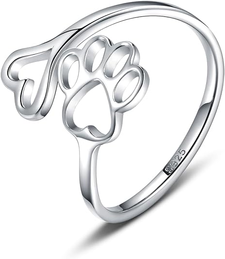 Anillo Ajustable de Plata de Ley 925 con Diseño de Corazón y Huella de Patas - Hecho a Mano