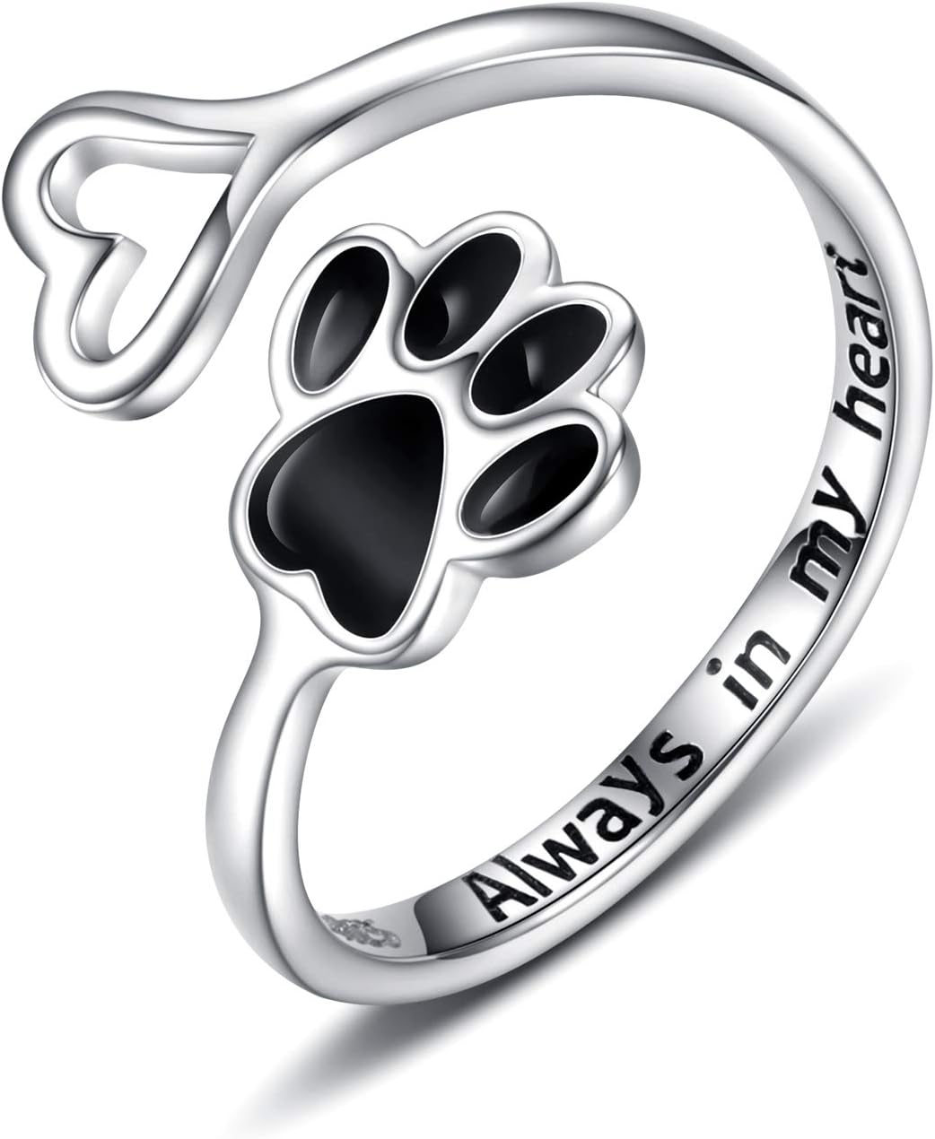 Anillo Ajustable de Plata de Ley 925 con Diseño de Corazón y Huella de Patas - Hecho a Mano
