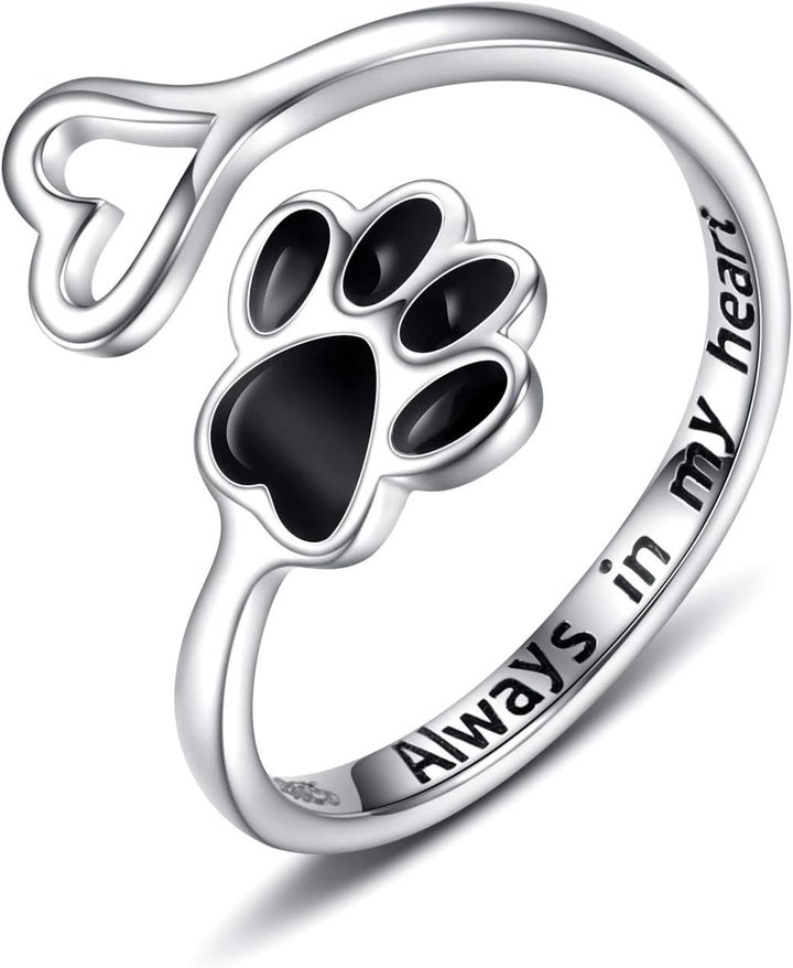 Anillo Ajustable de Plata de Ley 925 con Diseño de Corazón y Huella de Patas - Hecho a Mano