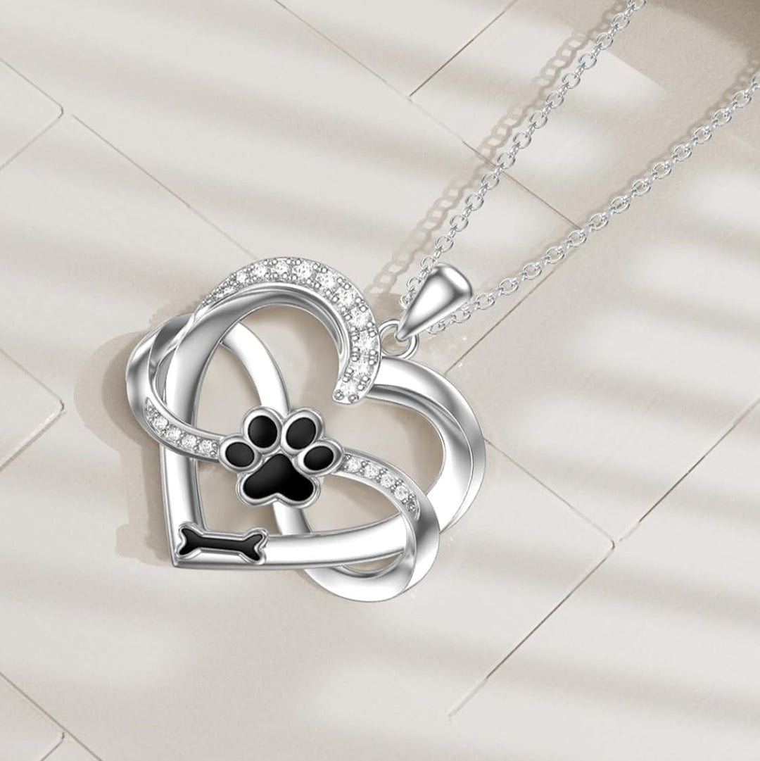 Collar Infinito de Plata 925 con Corazón y Huella – Joyería Simbólica para Mascotas