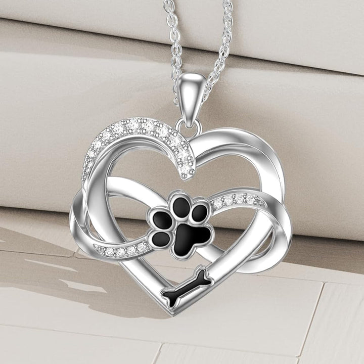 Collar Infinito de Plata 925 con Corazón y Huella – Joyería Simbólica para Mascotas