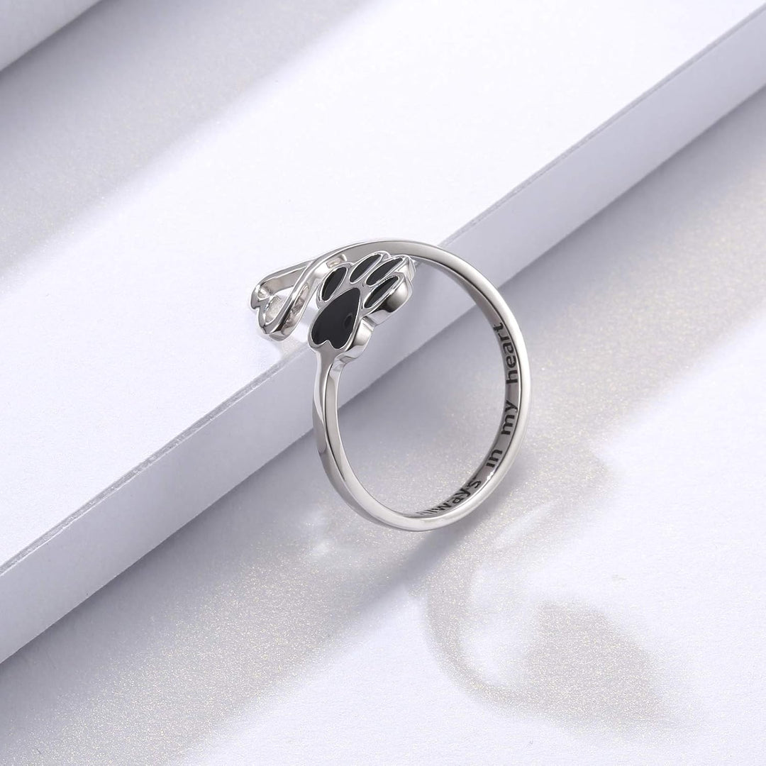 Anillo Ajustable de Plata de Ley 925 con Diseño de Corazón y Huella de Patas - Hecho a Mano