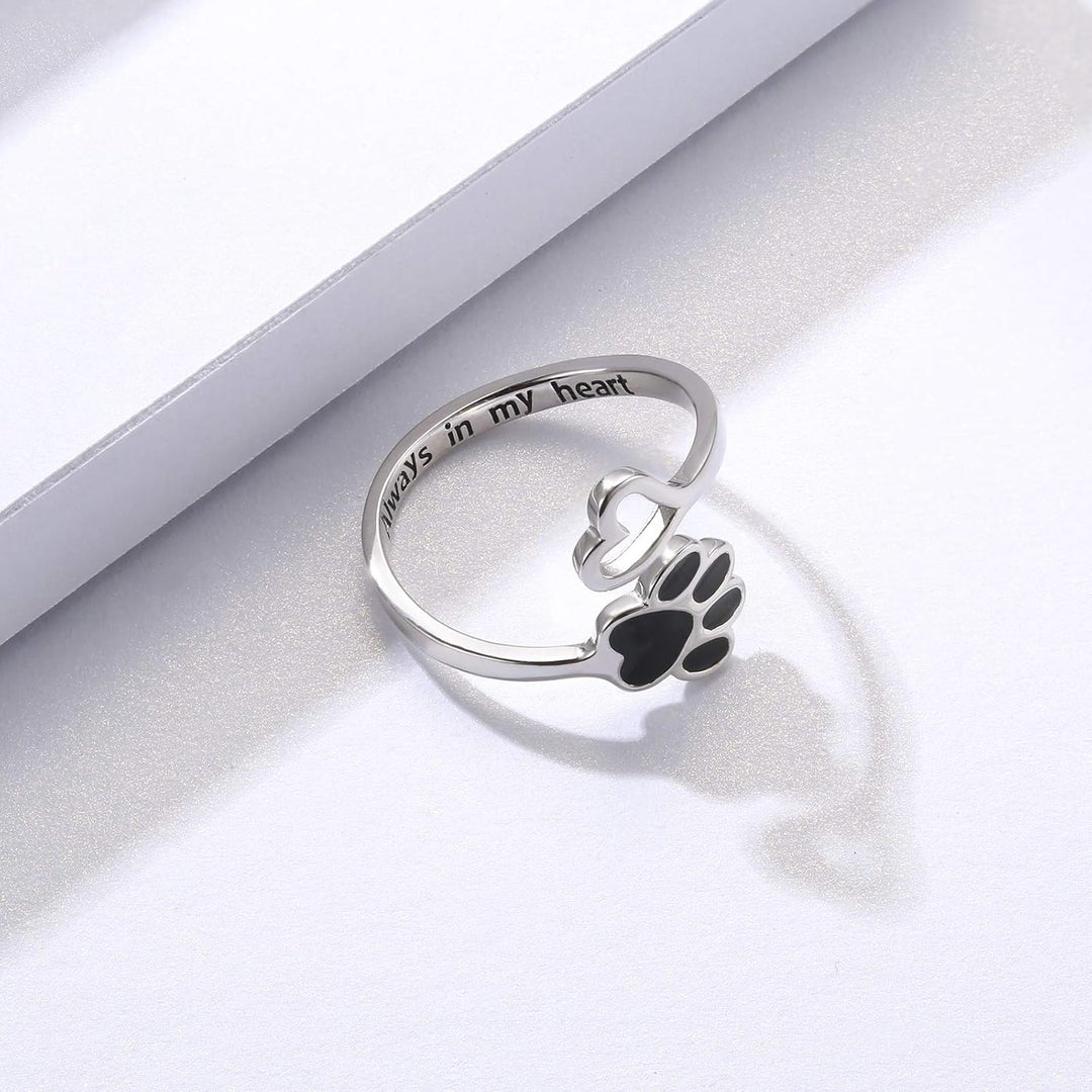 Anillo Ajustable de Plata de Ley 925 con Diseño de Corazón y Huella de Patas - Hecho a Mano