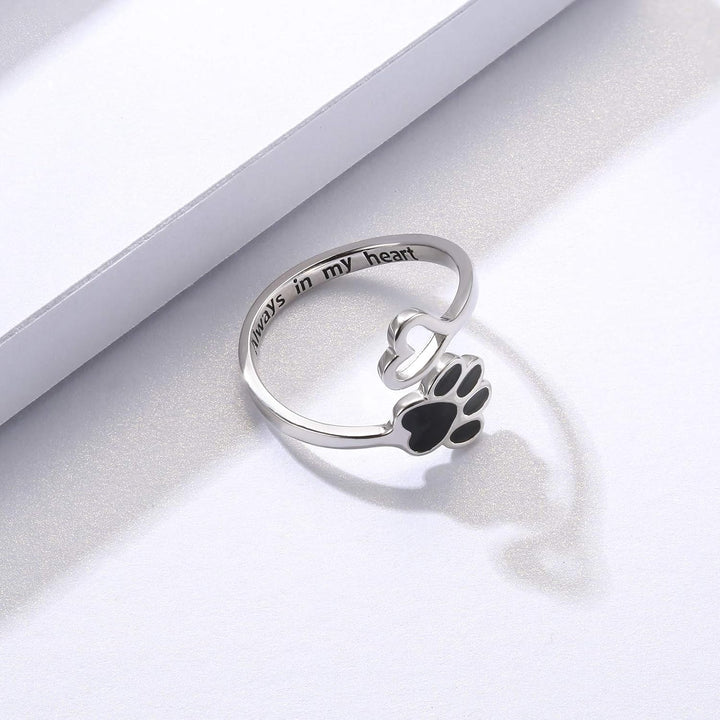 Anillo Ajustable de Plata de Ley 925 con Diseño de Corazón y Huella de Patas - Hecho a Mano