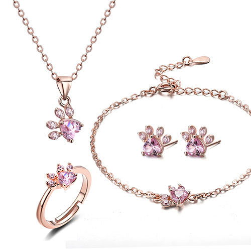Set de Joyería para Mujeres Paw – 4 Piezas en Oro Rosa con Corazón de Circonita: Anillo, Collar, Pendientes y Pulsera
