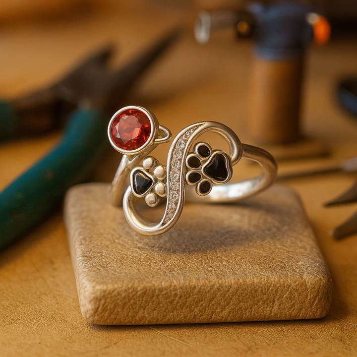 Anillo Ajustable con Diseño de Huellas de Pata Negras y Piedra Roja