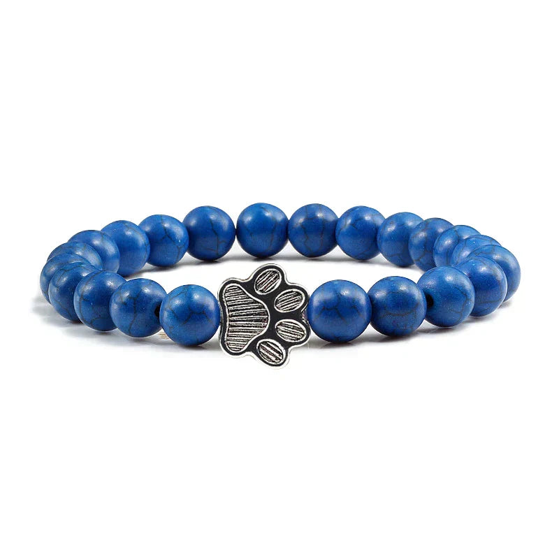 Pulsera Elástica de Perlas con Colgante de Huella – Pulsera de Piedra Natural para Hombre y Mujer