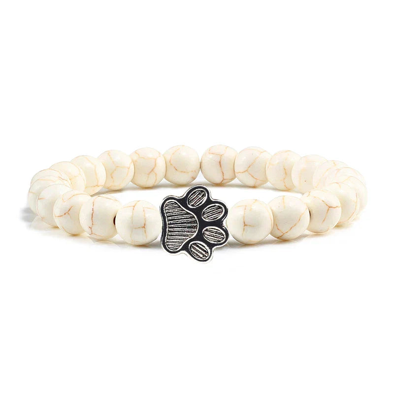 Pulsera Elástica de Perlas con Colgante de Huella – Pulsera de Piedra Natural para Hombre y Mujer