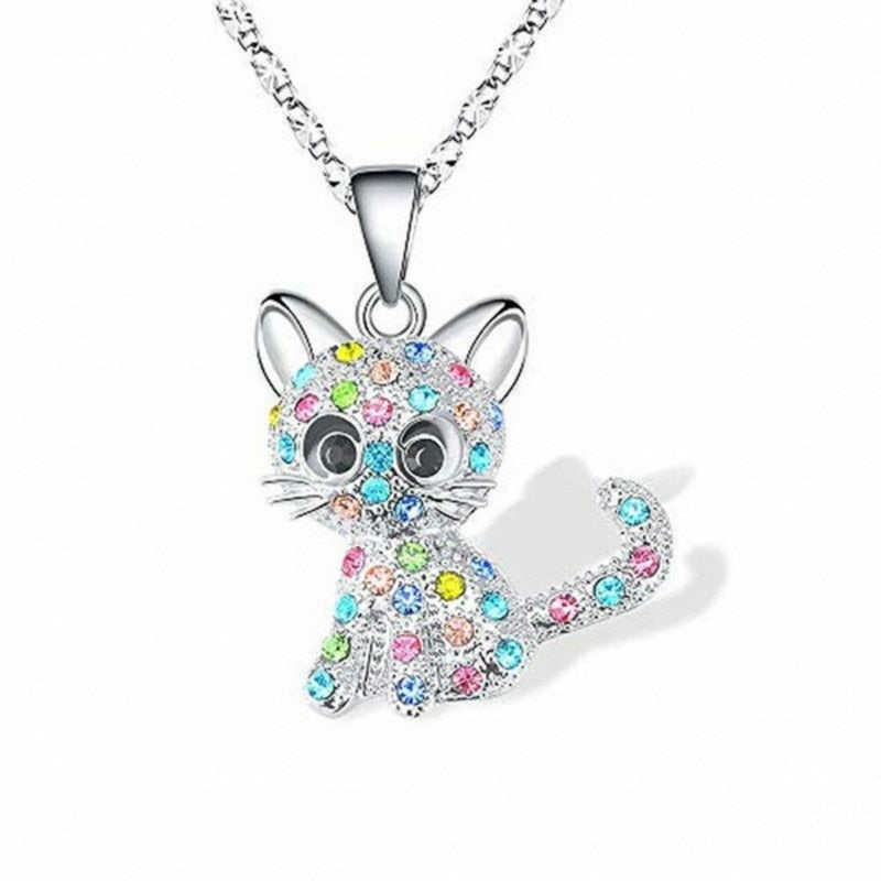Collar de Plata 925 con Encantadores Gatitos y Brillantes Circonitas de Colores