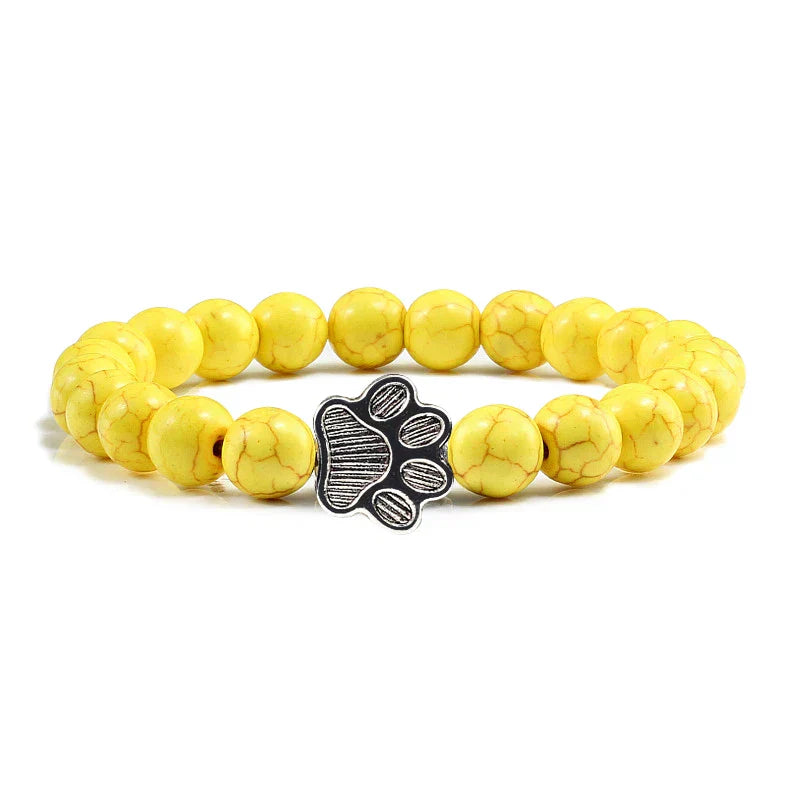 Pulsera Elástica de Perlas con Colgante de Huella – Pulsera de Piedra Natural para Hombre y Mujer