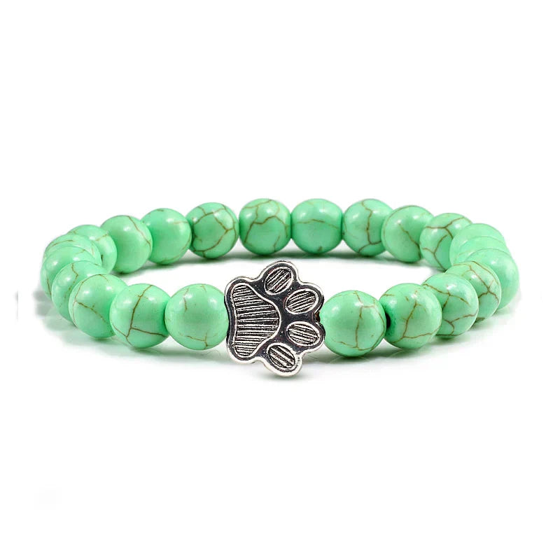 Pulsera Elástica de Perlas con Colgante de Huella – Pulsera de Piedra Natural para Hombre y Mujer