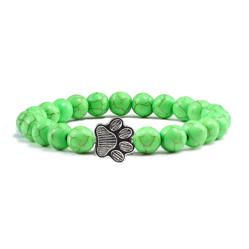 Pulsera Elástica de Perlas con Colgante de Huella – Pulsera de Piedra Natural para Hombre y Mujer