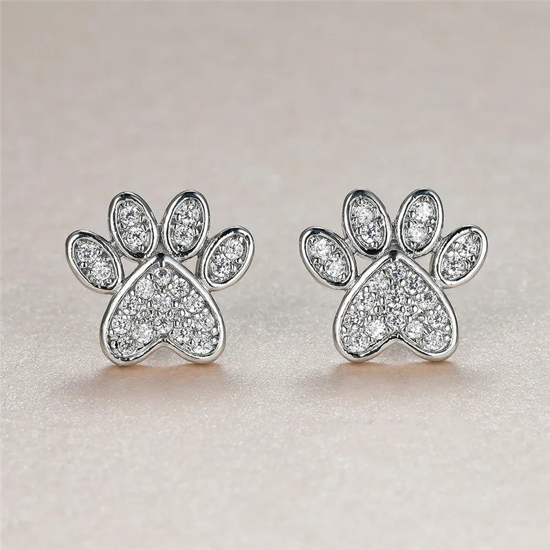 Pendientes de Stud Corazón con Huella de Gato y Circonita Blanca