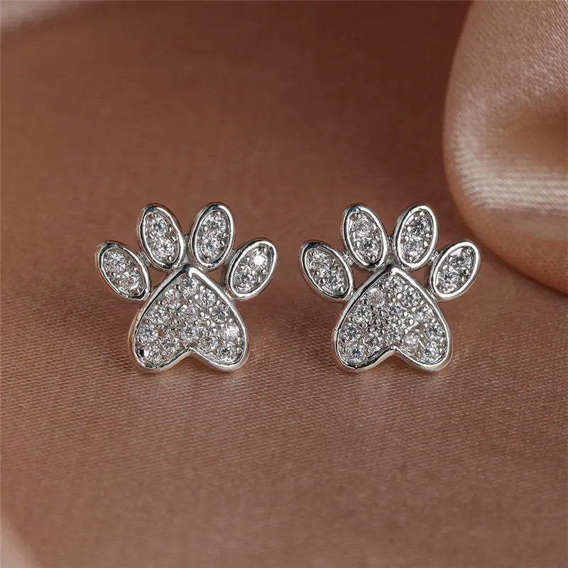 Pendientes de Stud Corazón con Huella de Gato y Circonita Blanca