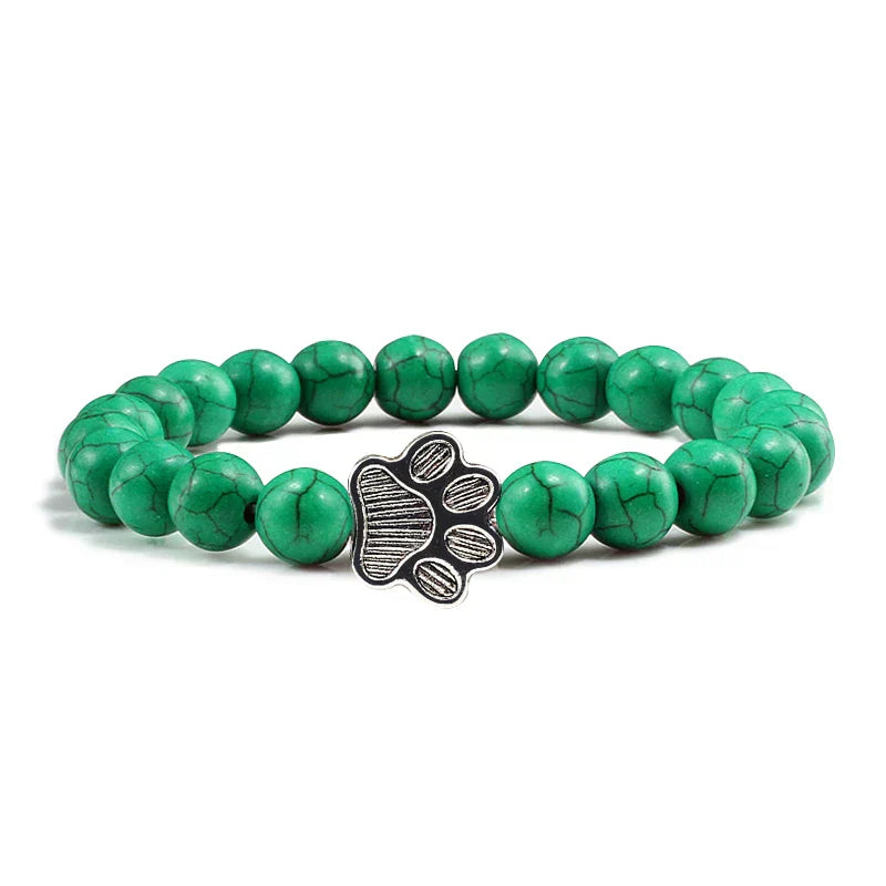 Pulsera Elástica de Perlas con Colgante de Huella – Pulsera de Piedra Natural para Hombre y Mujer