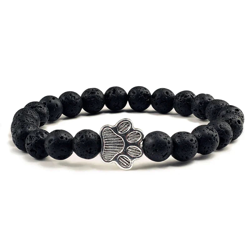 Pulsera Elástica de Perlas con Colgante de Huella – Pulsera de Piedra Natural para Hombre y Mujer