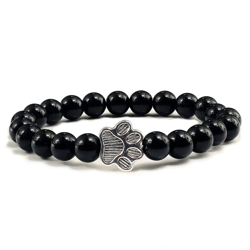 Pulsera Elástica de Perlas con Colgante de Huella – Pulsera de Piedra Natural para Hombre y Mujer