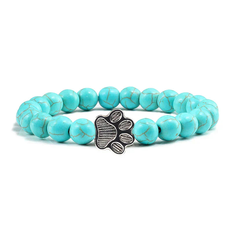 Pulsera Elástica de Perlas con Colgante de Huella – Pulsera de Piedra Natural para Hombre y Mujer
