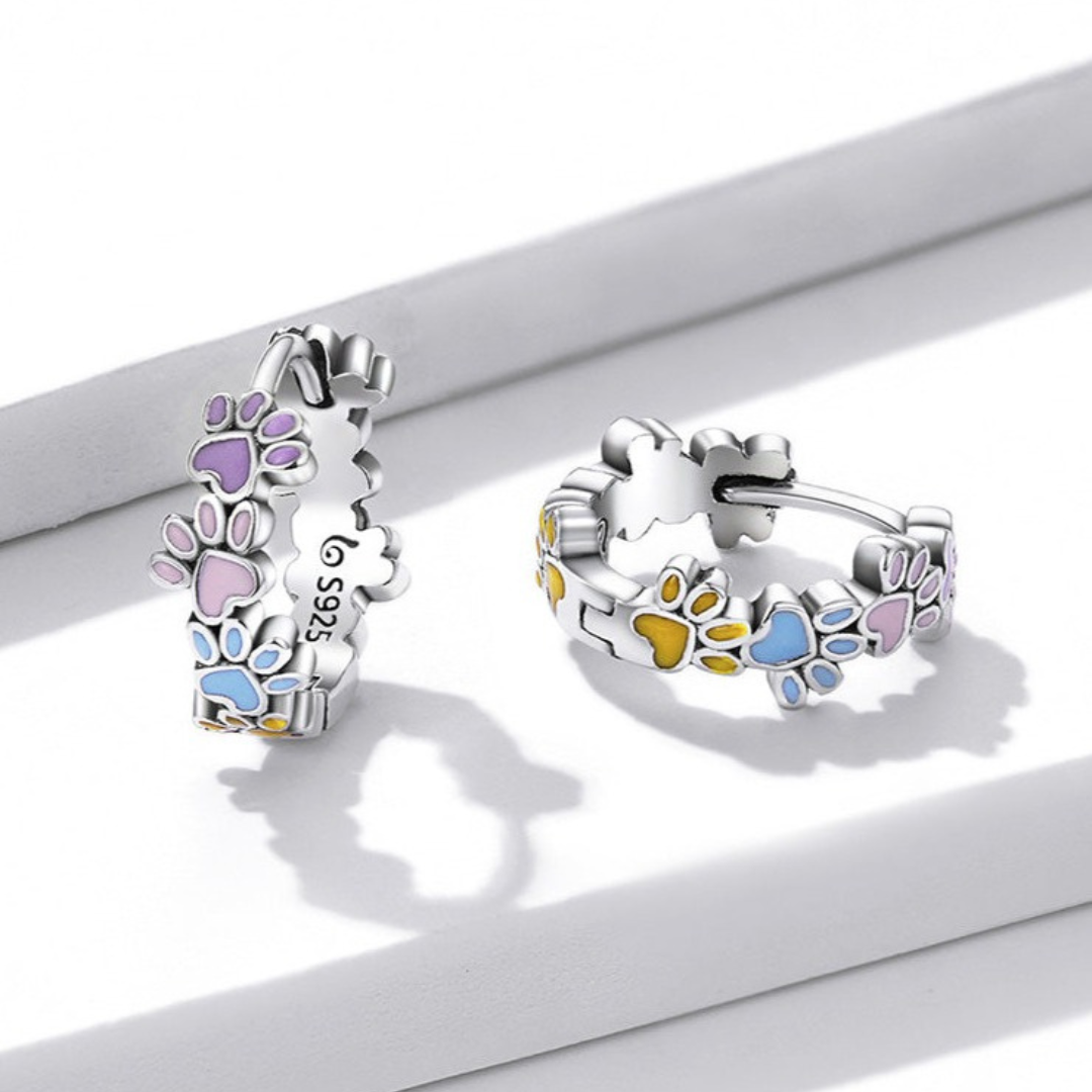 Pendientes de Aro Coloridos con Huellas en Plata de Ley 925