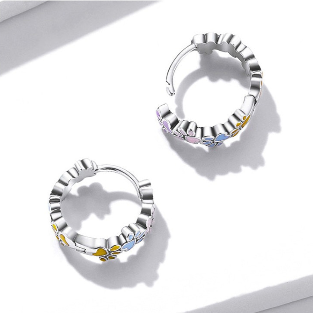 Pendientes de Aro Coloridos con Huellas en Plata de Ley 925