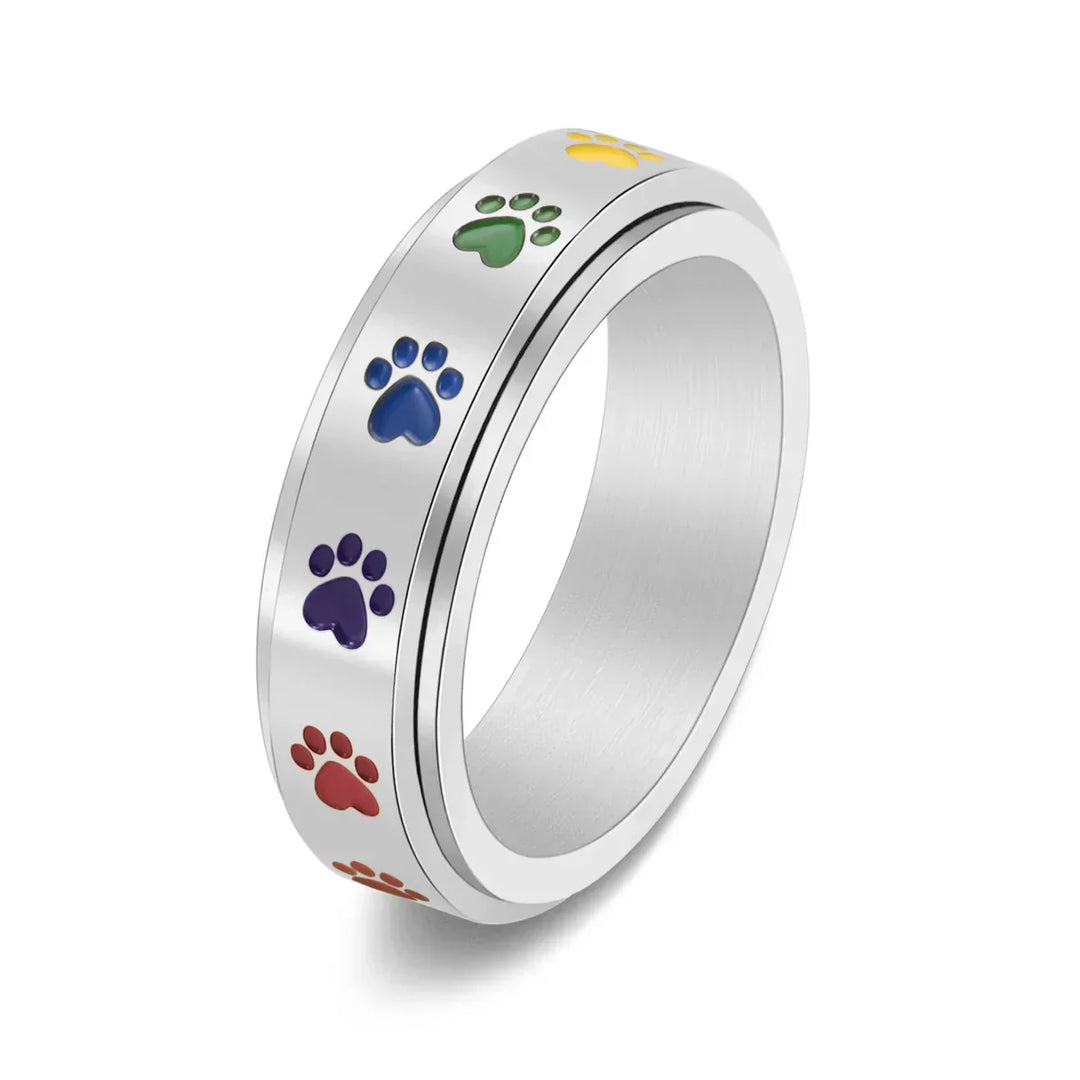 Anillo Rotatorio Antiestrés con Diseño de Huellas de Patas – Anillo de Acero Inoxidable en Colores Arcoíris