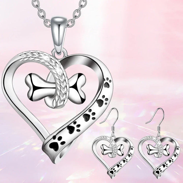Set de Joyería de Huella de Perro con Corazón y Hueso – 2 Piezas