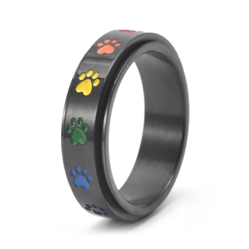Anillo Rotatorio Antiestrés con Diseño de Huellas de Patas – Anillo de Acero Inoxidable en Colores Arcoíris