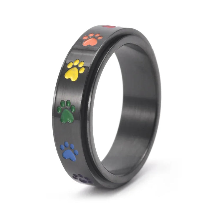 Anillo Rotatorio Antiestrés con Diseño de Huellas de Patas – Anillo de Acero Inoxidable en Colores Arcoíris