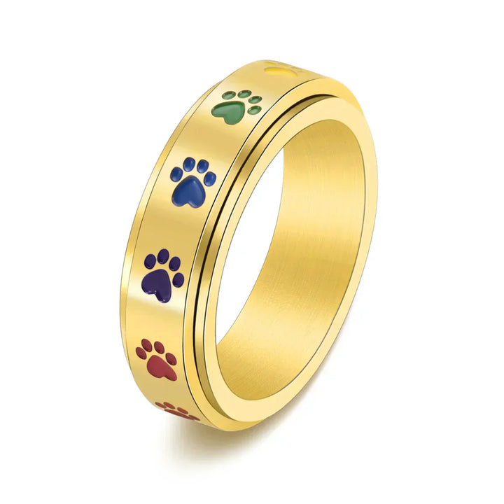 Anillo Rotatorio Antiestrés con Diseño de Huellas de Patas – Anillo de Acero Inoxidable en Colores Arcoíris
