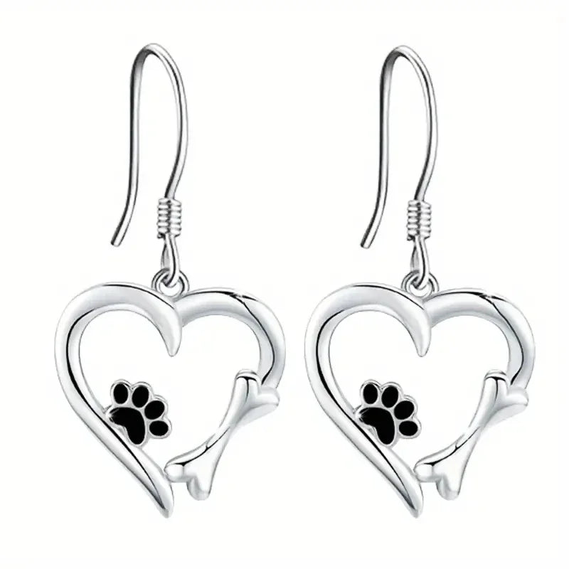 Pendientes Colgantes en Forma de Corazón con Diseño de Huella – Accesorios Plateados Divertidos
