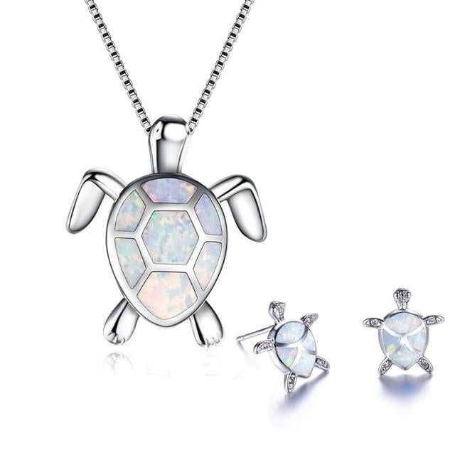 Conjunto Tortuga de Algas – Collar de Plata y Pendientes con Ópalo