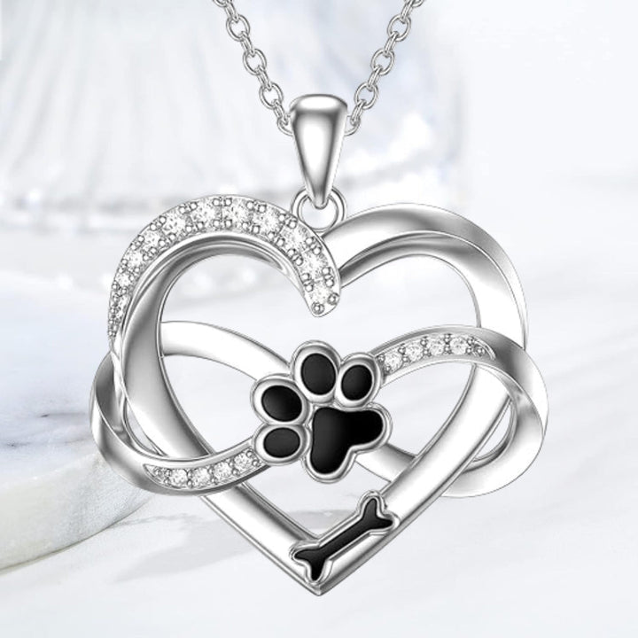 Collar Infinito de Plata 925 con Corazón y Huella – Joyería Simbólica para Mascotas